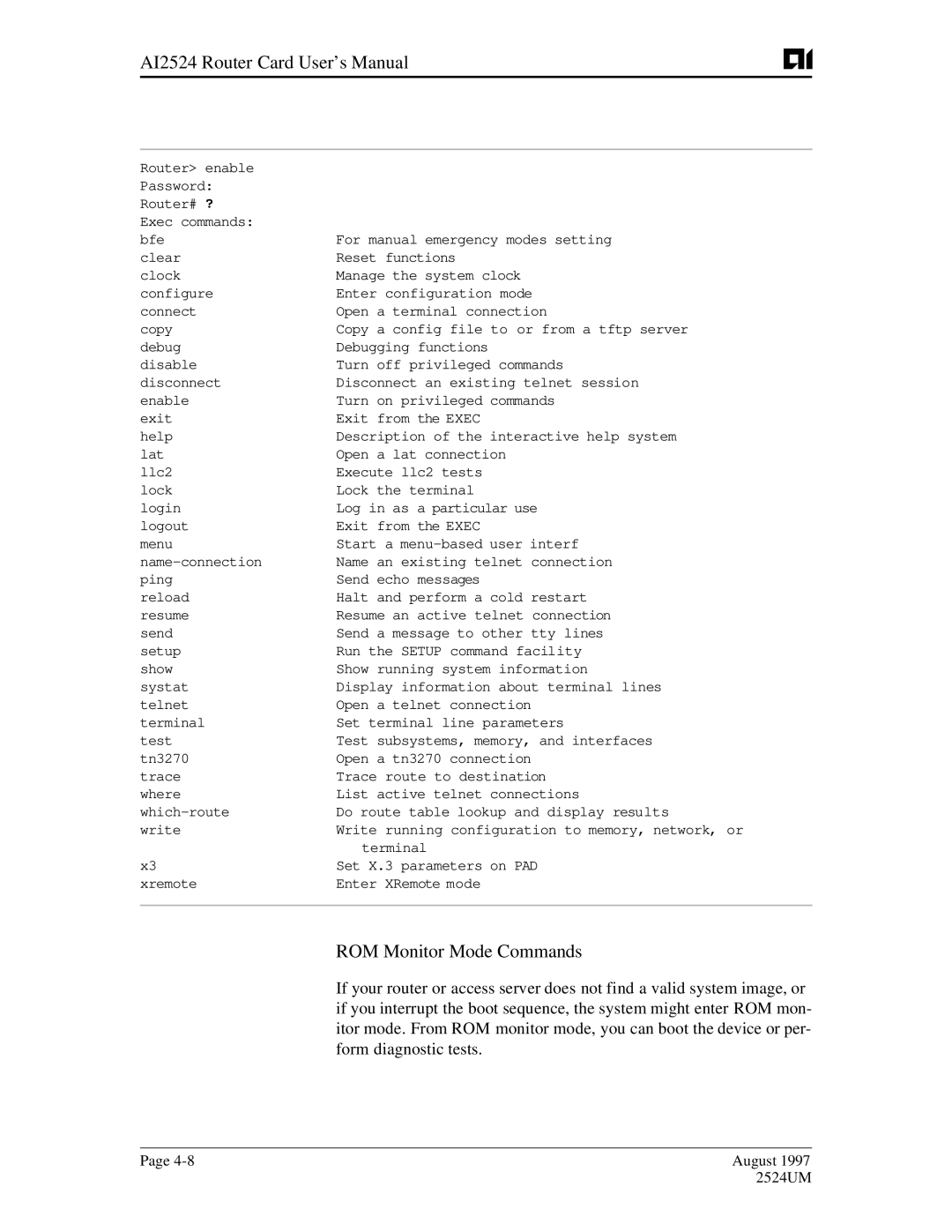 AIS AI2524 user manual ROM Monitor Mode Commands 