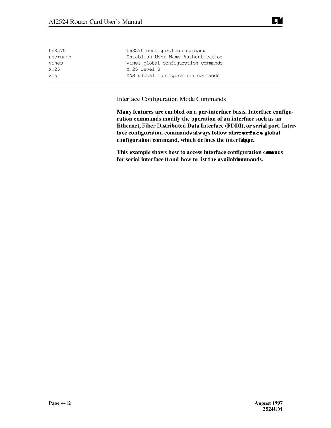 AIS user manual AI2524 Router Card User’s Manual, Interface Configuration Mode Commands 