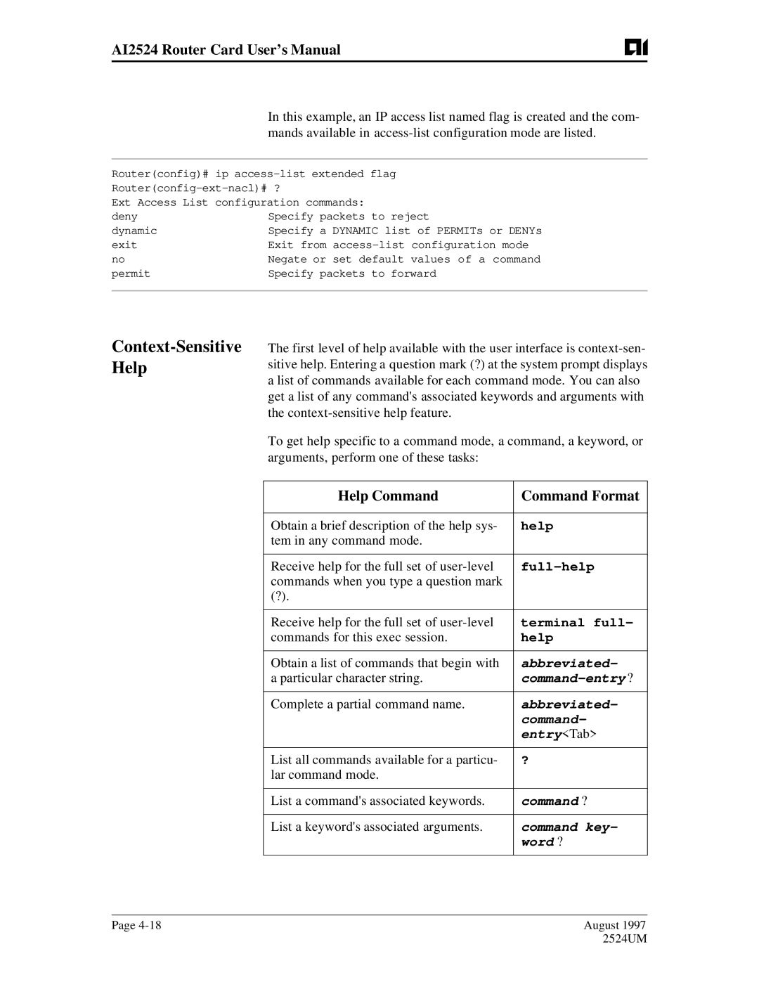 AIS AI2524 user manual Context-Sensitive Help, Help Command Command Format 