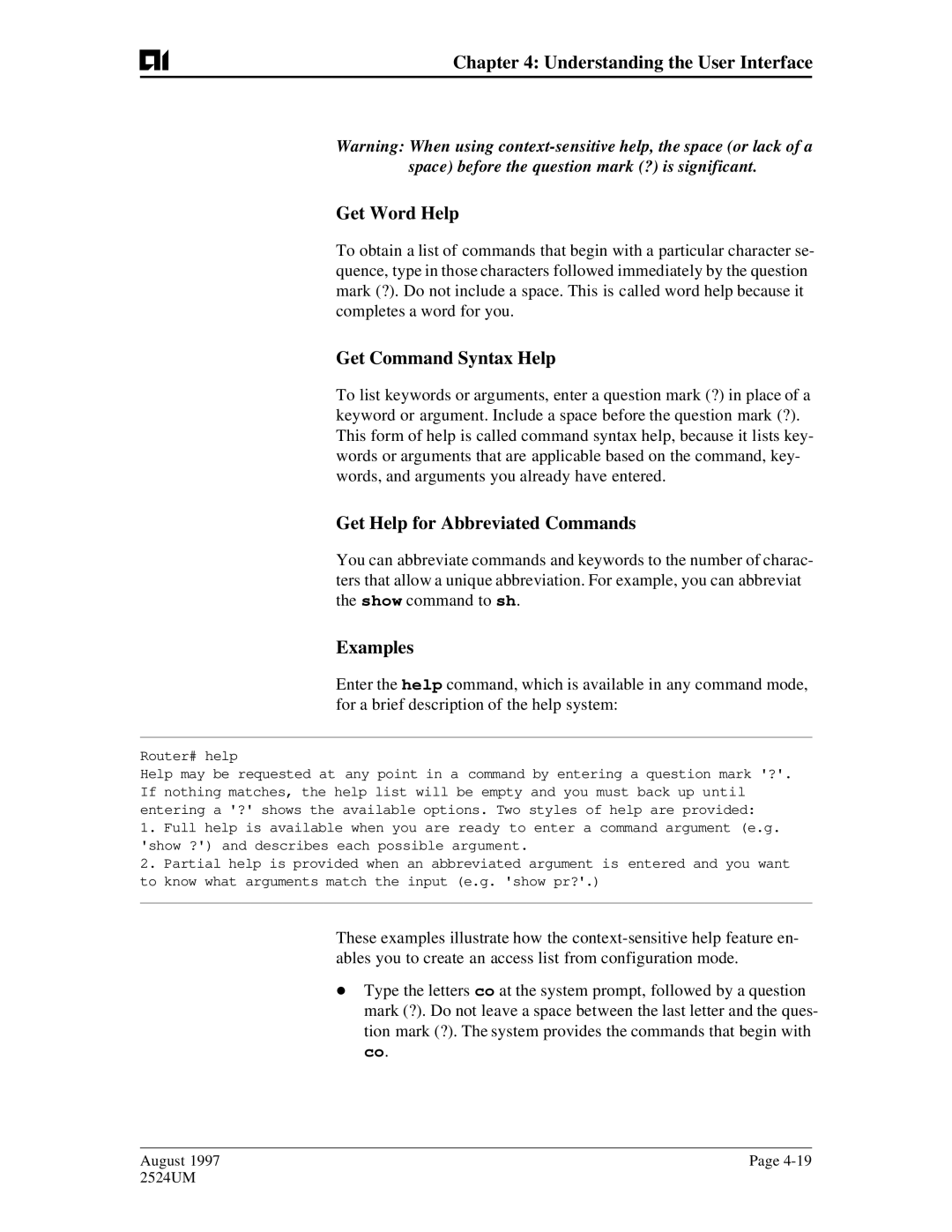 AIS AI2524 Understanding the User Interface Get Word Help, Get Command Syntax Help, Get Help for Abbreviated Commands 