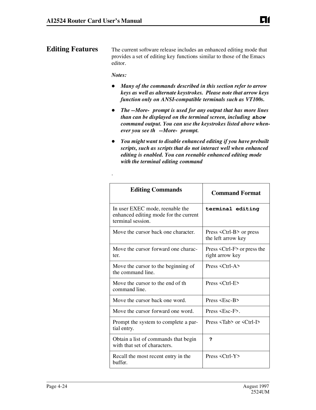 AIS AI2524 user manual Editing Commands Command Format, User Exec mode, reenable, Terminal editing 