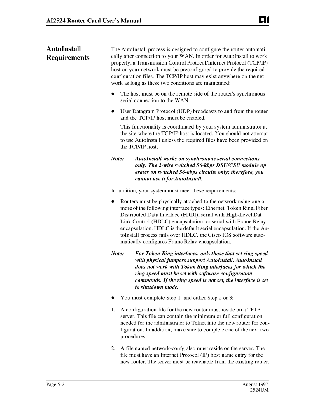 AIS AI2524 user manual AutoInstall Requirements 