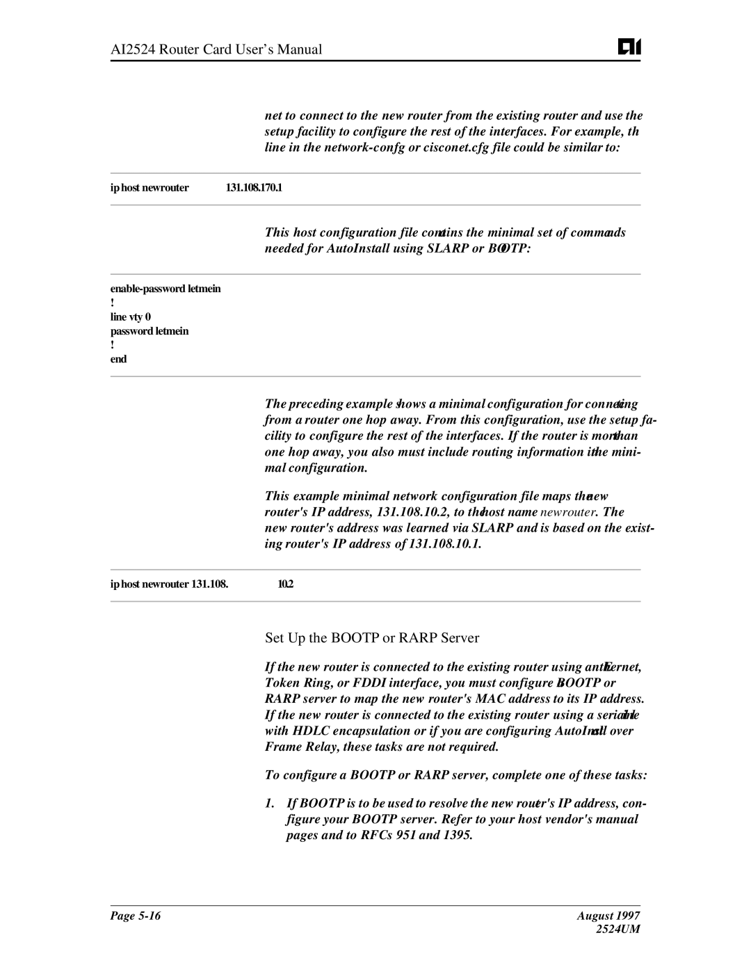 AIS AI2524 user manual Set Up the Bootp or Rarp Server 