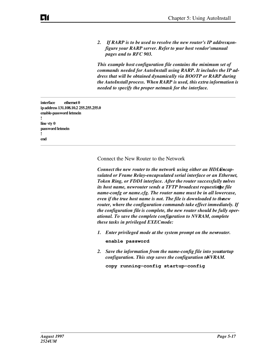 AIS AI2524 user manual Connect the New Router to the Network, Copy running-config startup-config 