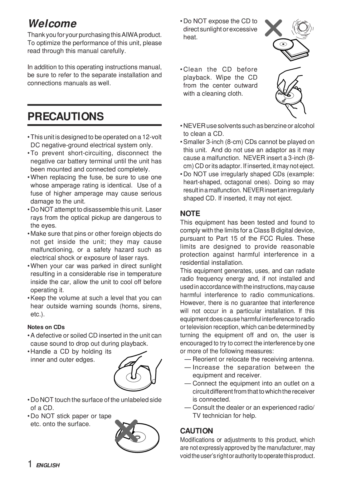 Aiwa 570CDCMP3 manual Welcome, Precautions 