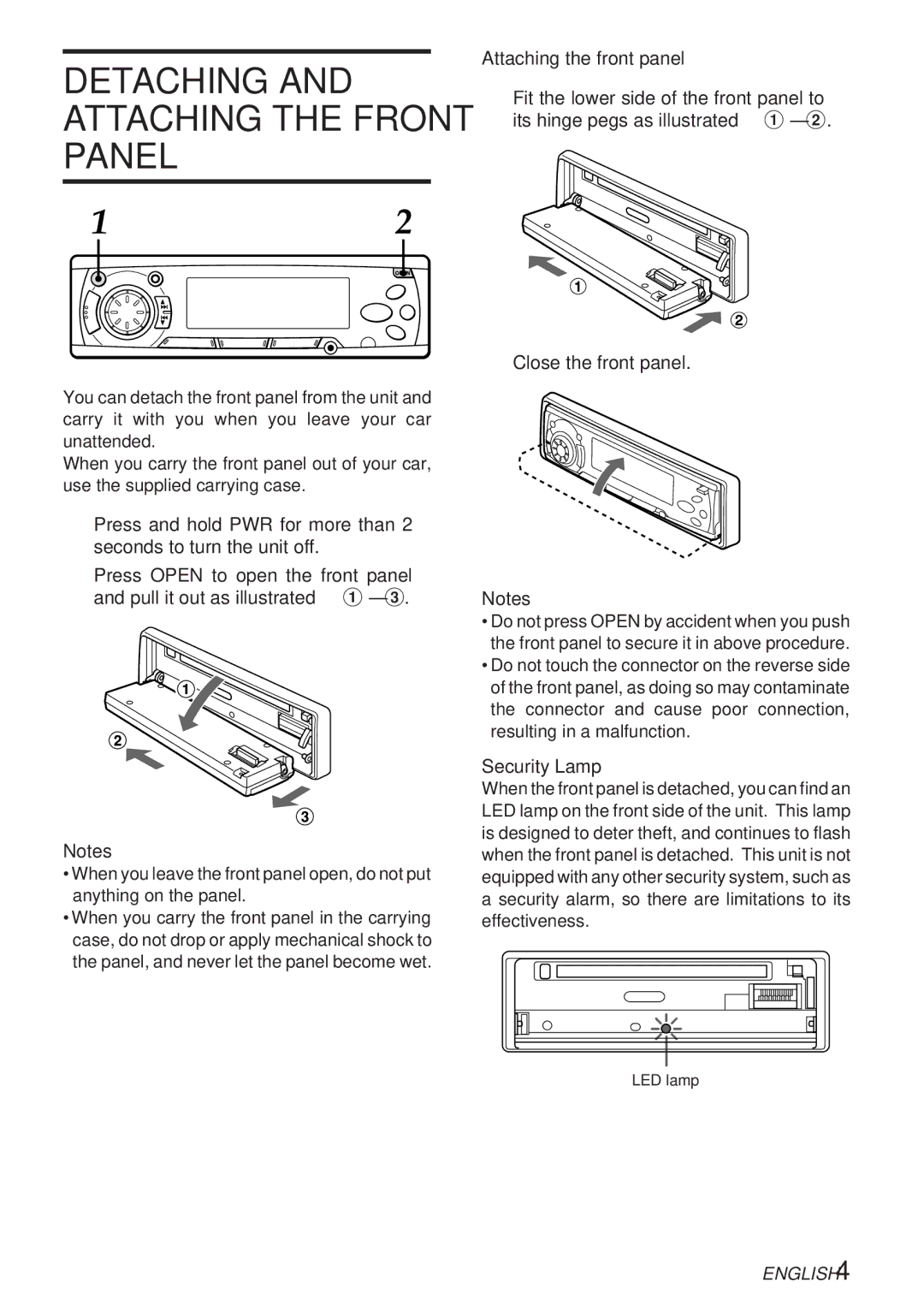 Aiwa 570CDCMP3 manual Detaching and Attaching the Front Panel, Close the front panel, Security Lamp 