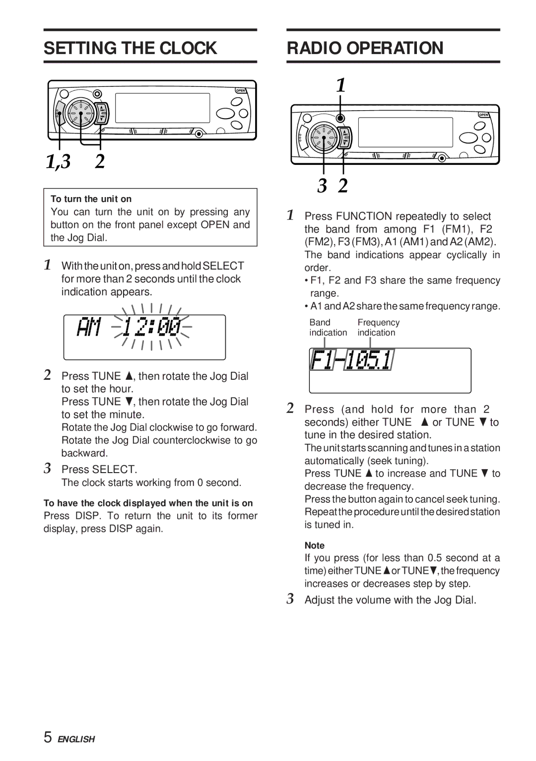 Aiwa 570CDCMP3 Setting the Clock Radio Operation, To turn the unit on, Press Select, Adjust the volume with the Jog Dial 