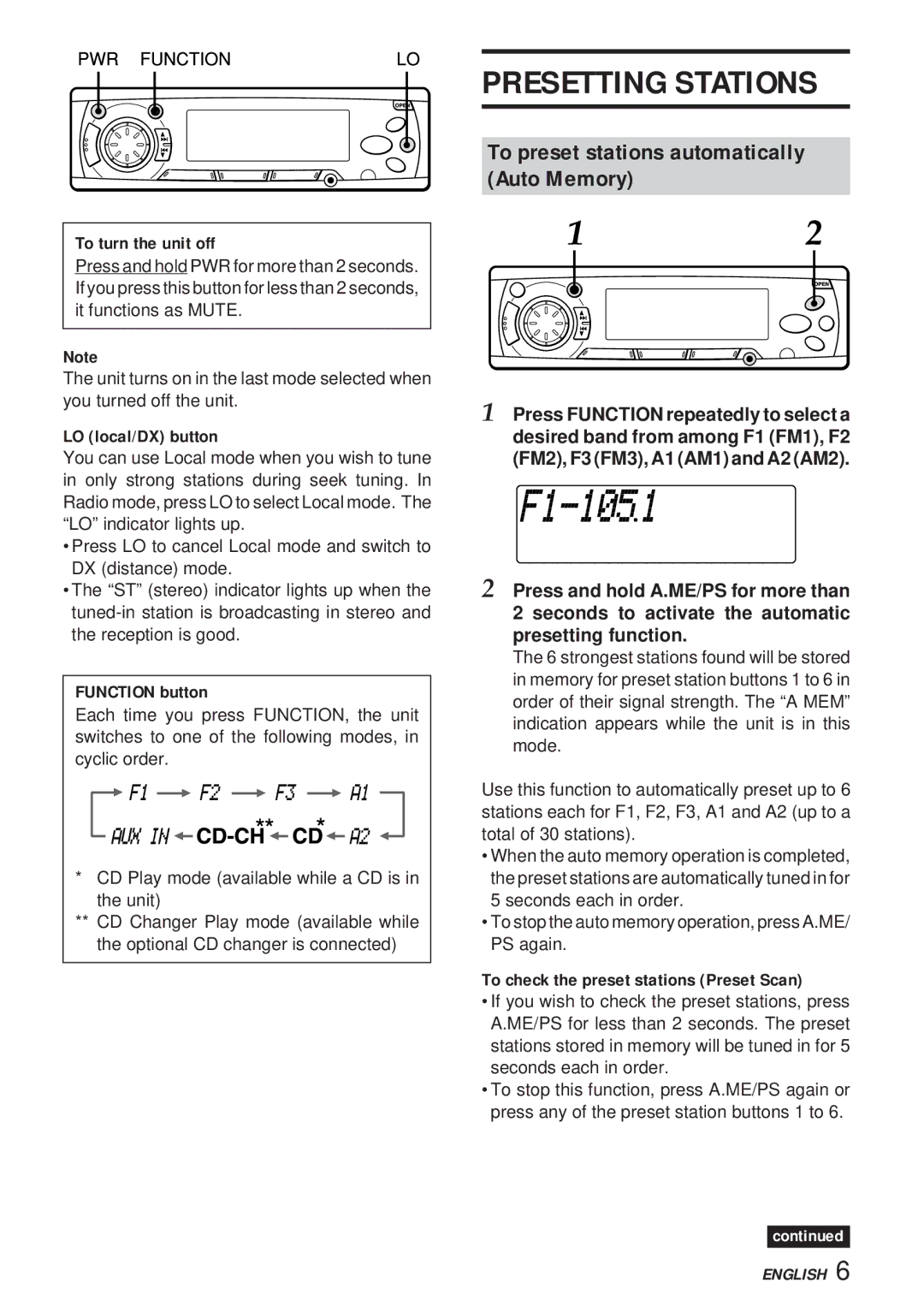 Aiwa 570CDCMP3 Presetting Stations, To preset stations automatically Auto Memory, To turn the unit off, LO local/DX button 