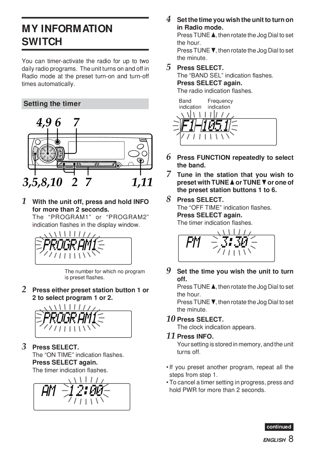 Aiwa 570CDCMP3 manual MY Information Switch, Setting the timer 