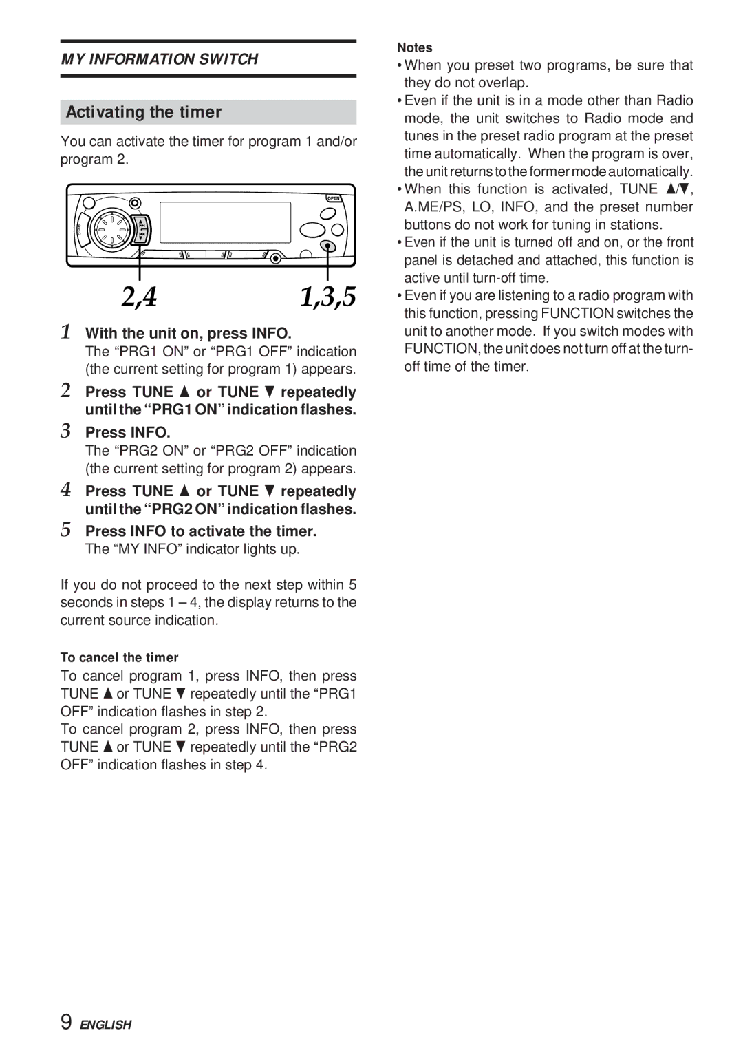 Aiwa 570CDCMP3 manual Activating the timer, With the unit on, press Info, To cancel the timer 