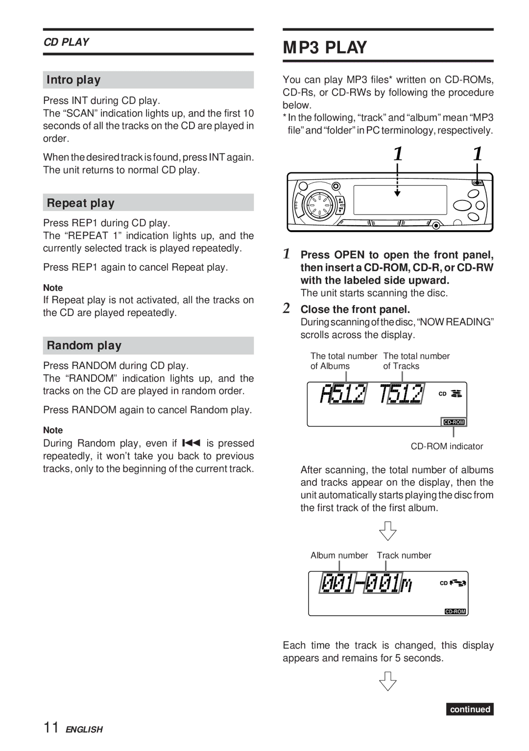 Aiwa 570CDCMP3 manual MP3 Play, Intro play, Repeat play, Random play 