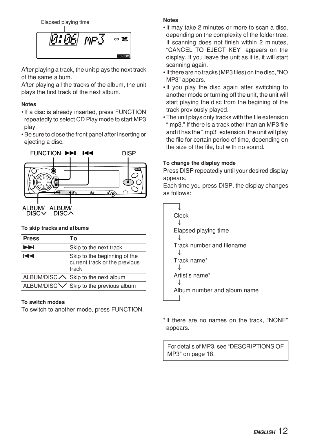 Aiwa 570CDCMP3 manual To skip tracks and albums PressTo, To switch modes, To change the display mode 