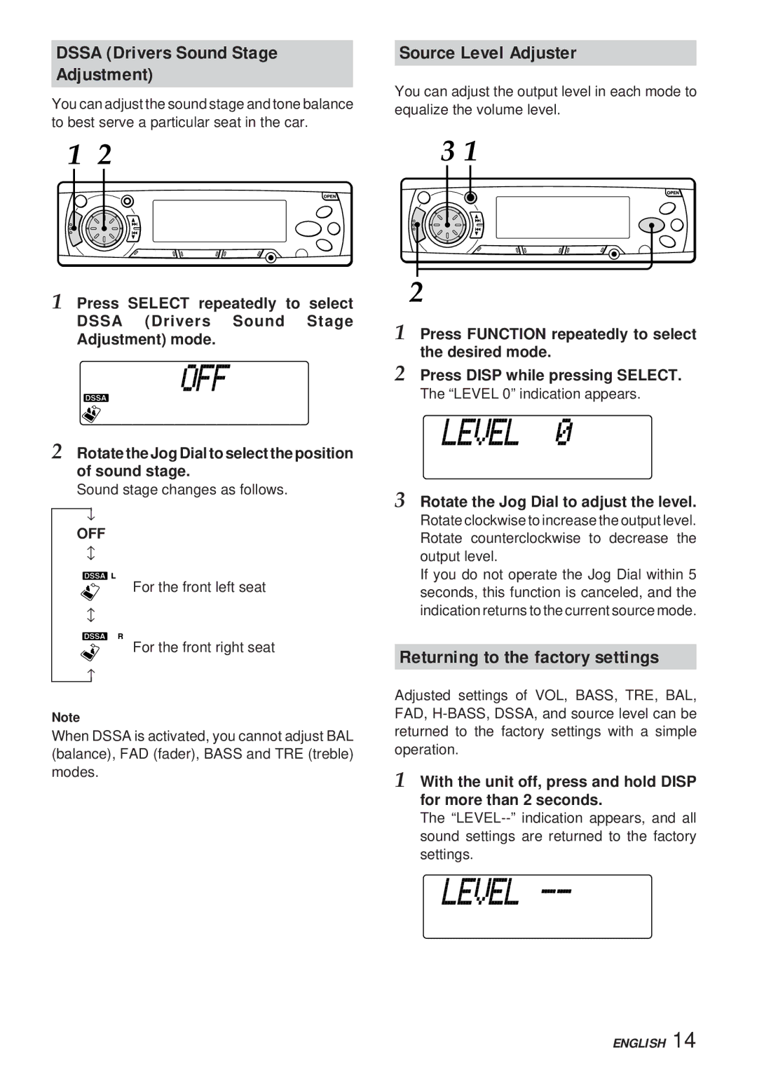 Aiwa 570CDCMP3 manual Dssa Drivers Sound Stage Adjustment, Source Level Adjuster, Returning to the factory settings 