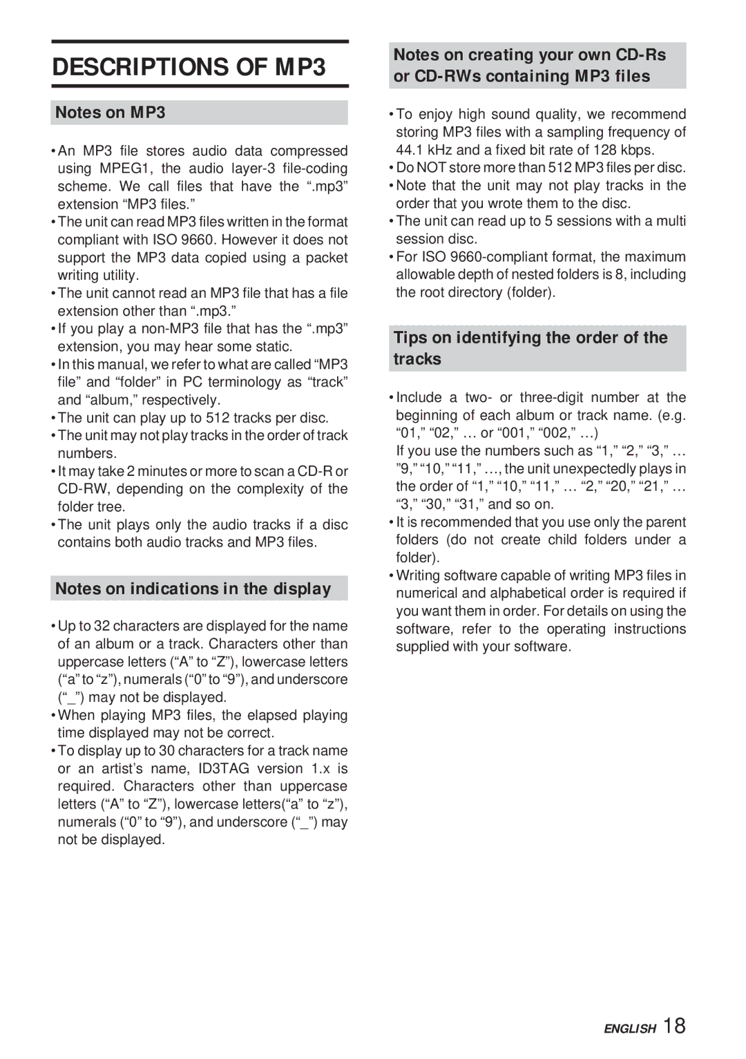 Aiwa 570CDCMP3 manual Descriptions of MP3, Or CD-RWs containing MP3 files, Tips on identifying the order Tracks 