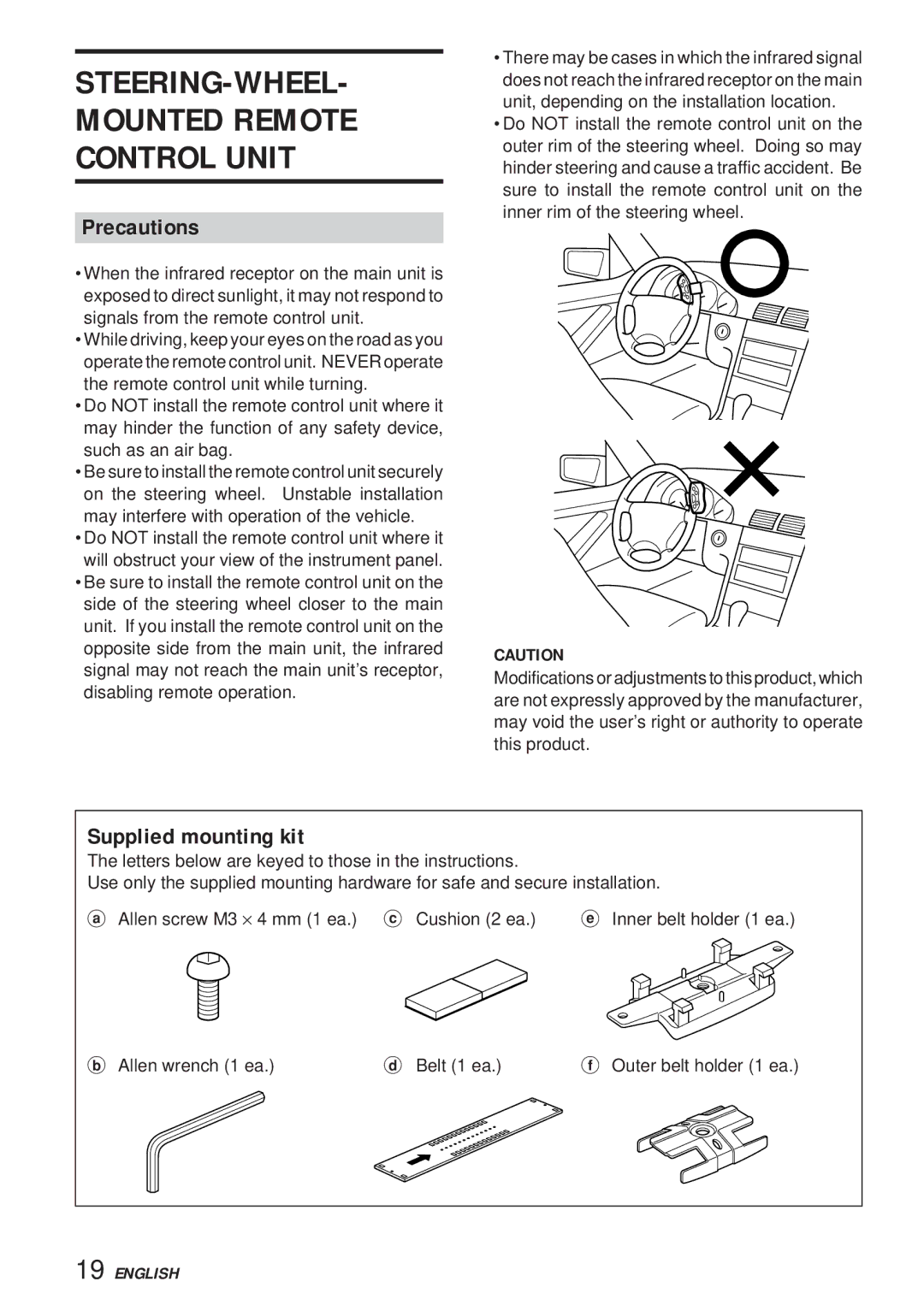 Aiwa 570CDCMP3 manual Precautions, Supplied mounting kit 