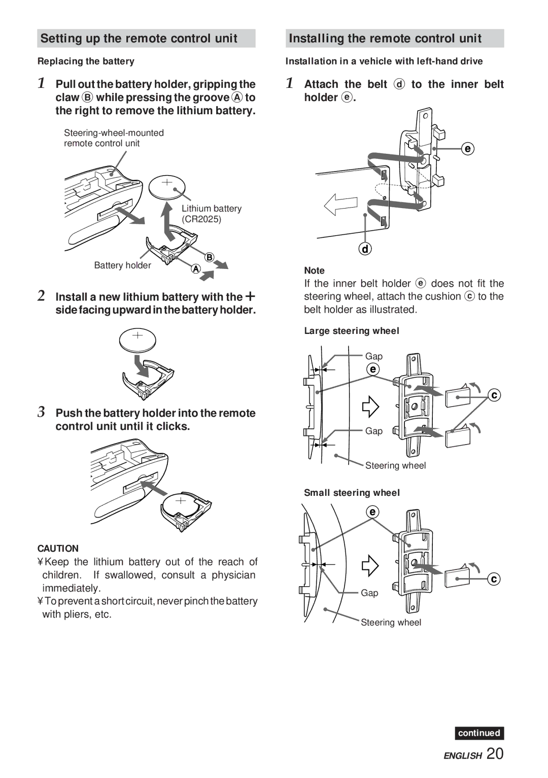 Aiwa 570CDCMP3 Replacing the battery, Attach the belt d to the inner belt, Large steering wheel, Small steering wheel 