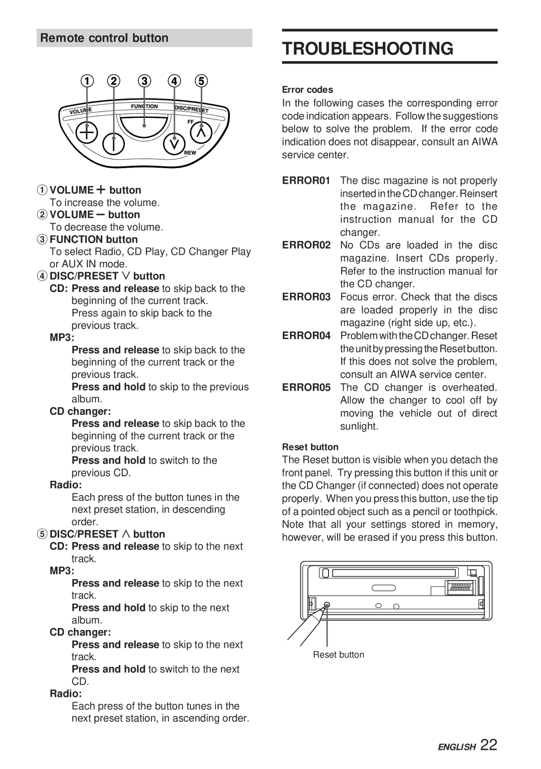 Aiwa 570CDCMP3 manual Troubleshooting, Remote control button 