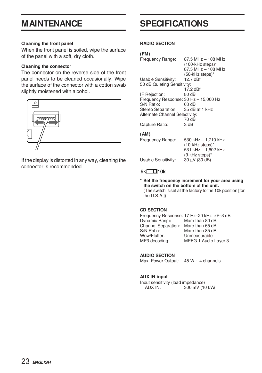 Aiwa 570CDCMP3 manual Maintenancespecifications, Cleaning the front panel, Cleaning the connector, AUX in input 