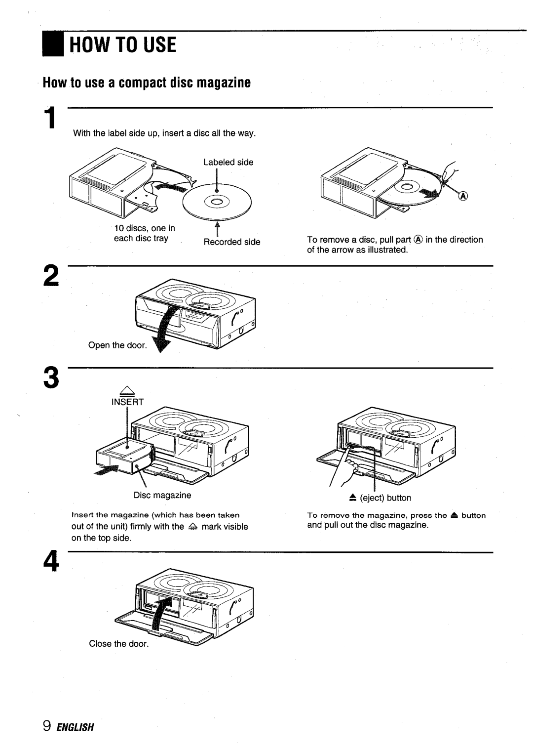 Aiwa ADC-EXI06 manual HOW to USE, How to use a compact disc magazine 