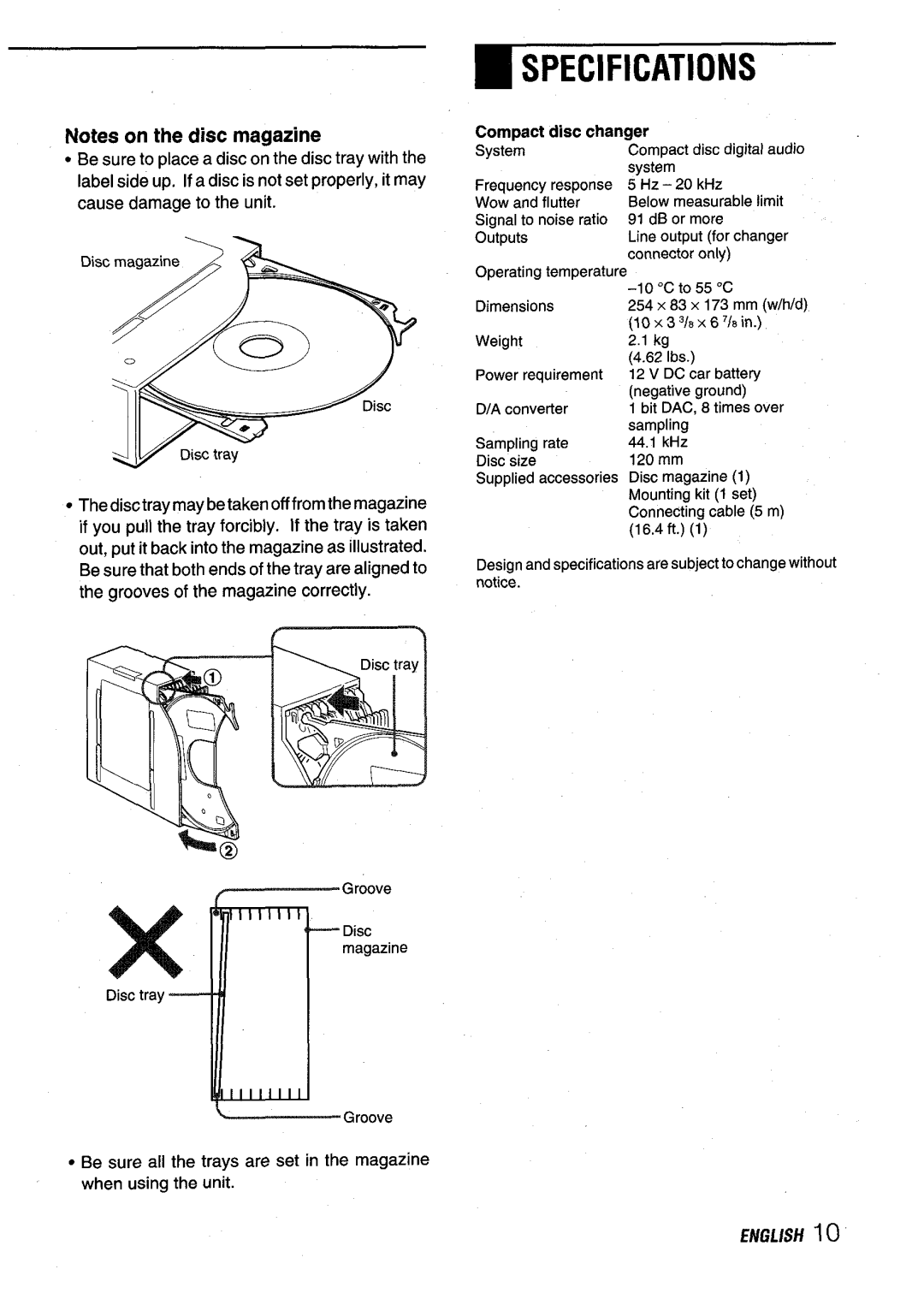 Aiwa ADC-EXI06 manual ~ Specifications, ~ Groove, Compact disc changar 