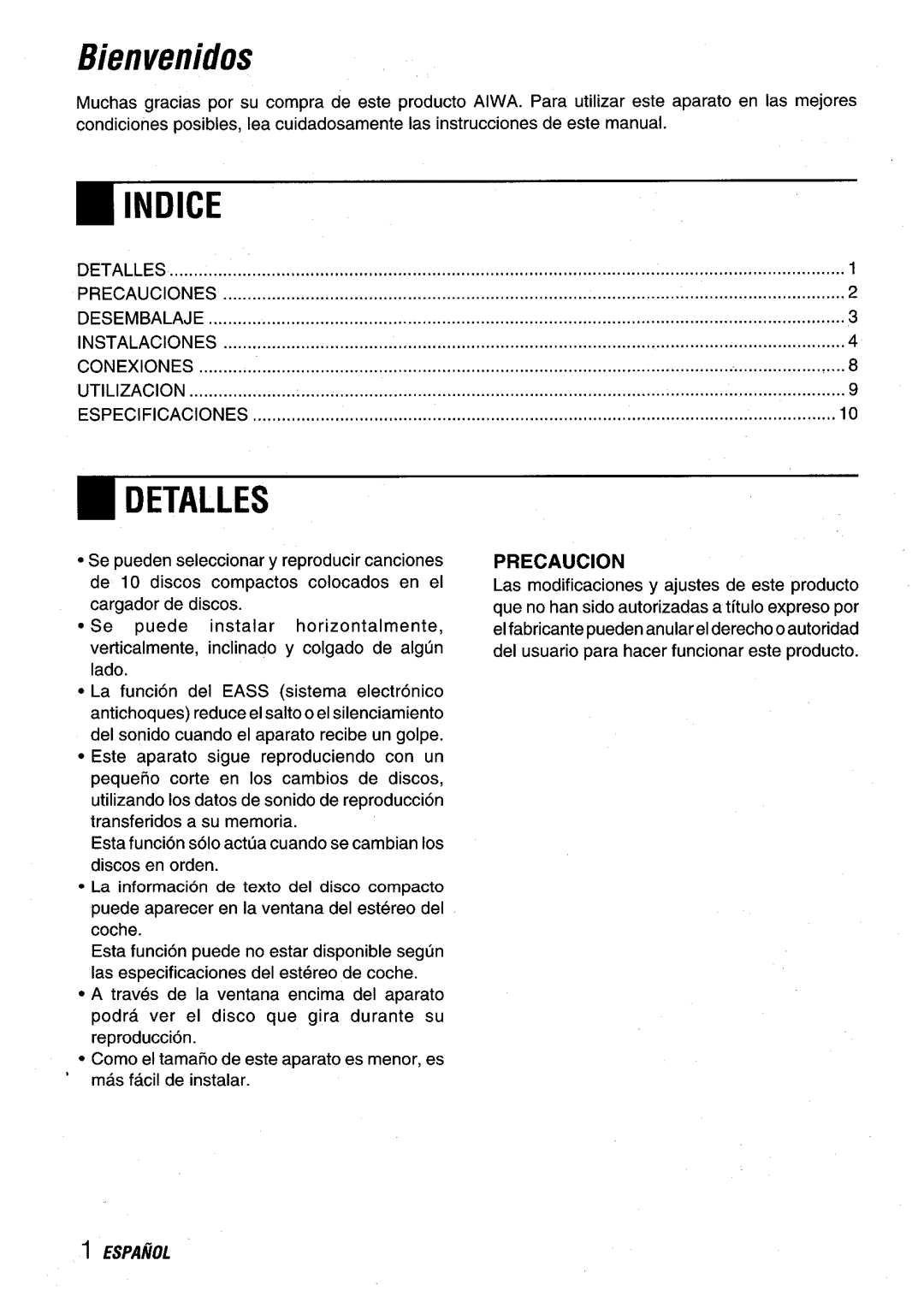 Aiwa ADC-EXI06 manual Bienvenifios, ~ Indice 