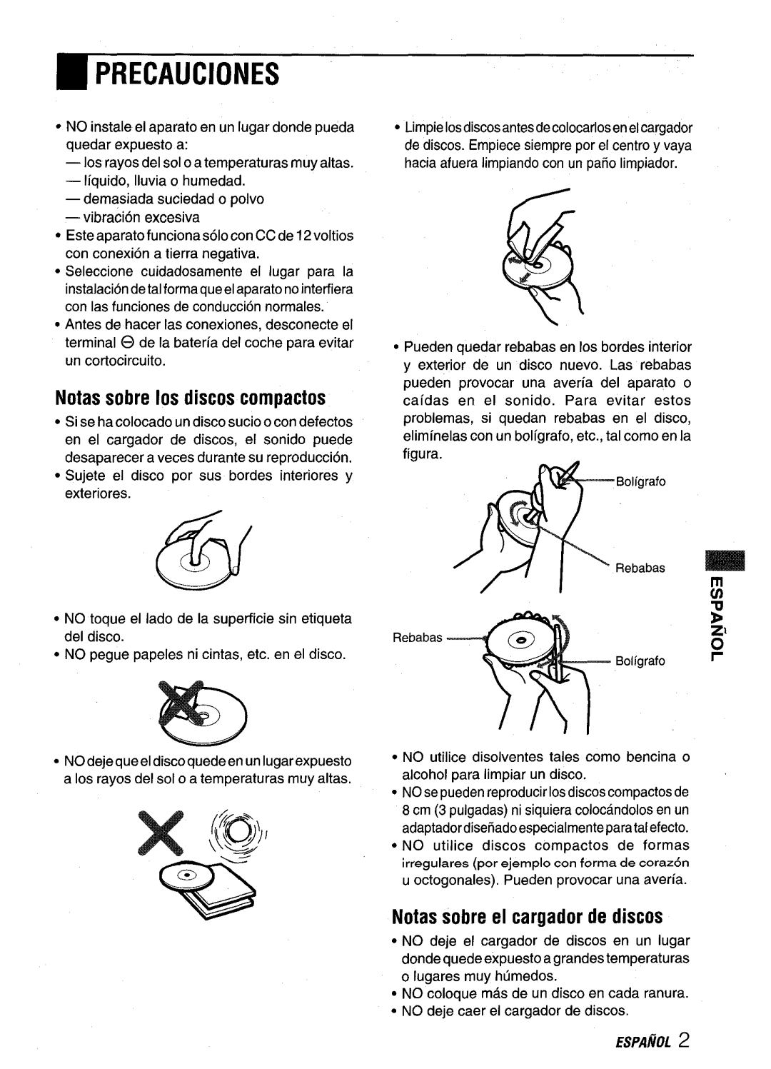 Aiwa ADC-EXI06 manual Precauciones, Notas sobre Ios discos compactos, Notas sobre el cargador de discos 