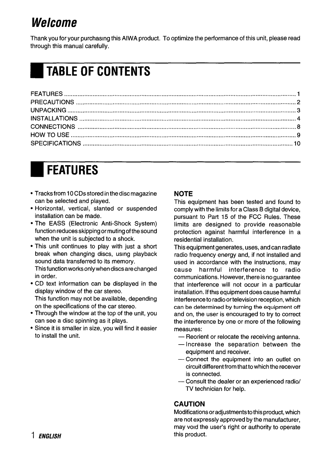 Aiwa ADC-EXI06 manual Welcome, Table of Contents ~ Features 