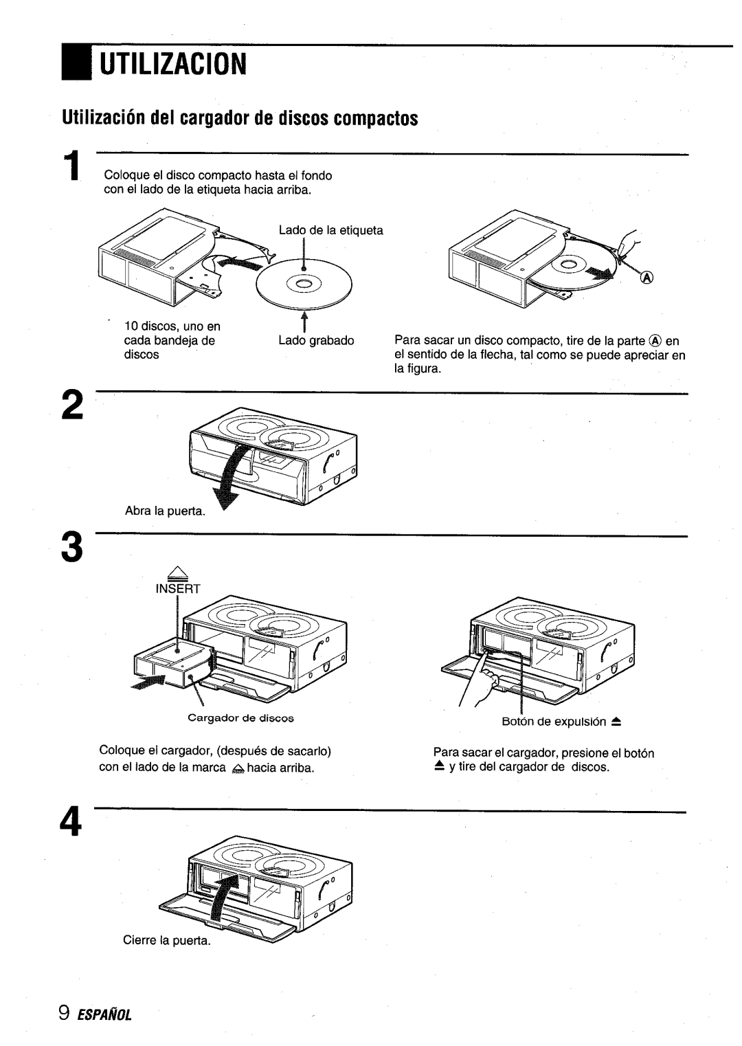 Aiwa ADC-EXI06 manual ~ Utilization, Utilization del cargador de discos compactos 