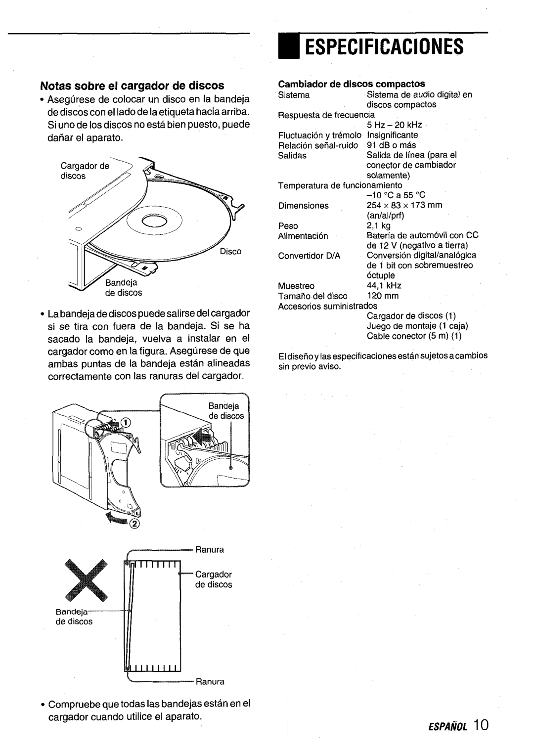 Aiwa ADC-EXI06 manual ~ Especificaciones, ~ ‘anura, Notas sobre el cargador de discos, Cambiador de discos compactoa 