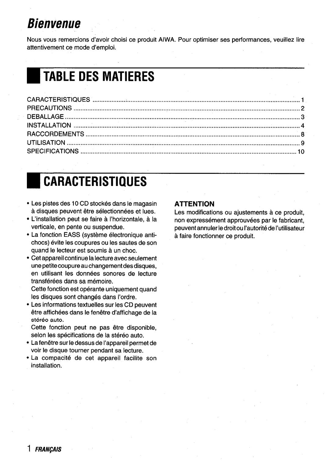 Aiwa ADC-EXI06 manual ~ Table DES Matieres Caracteristiques 