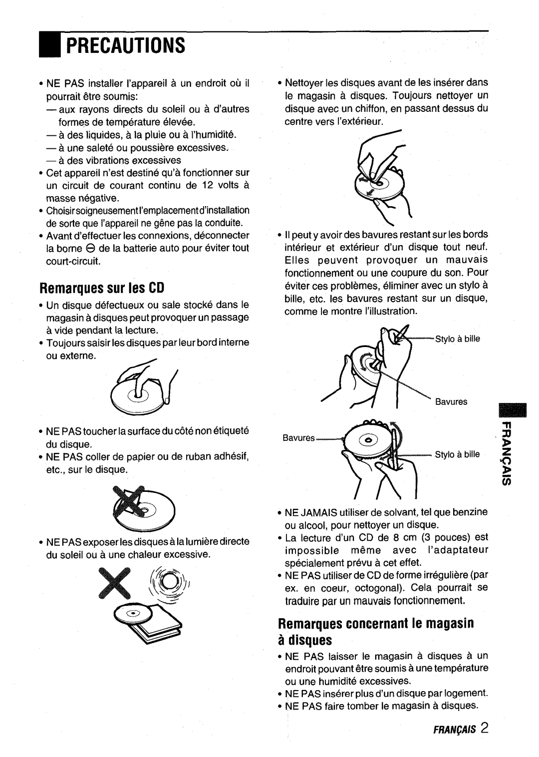 Aiwa ADC-EXI06 manual Remarques sur Ies CD, Remarques concernant Ie magasin Disques, FR/MfJllS2 