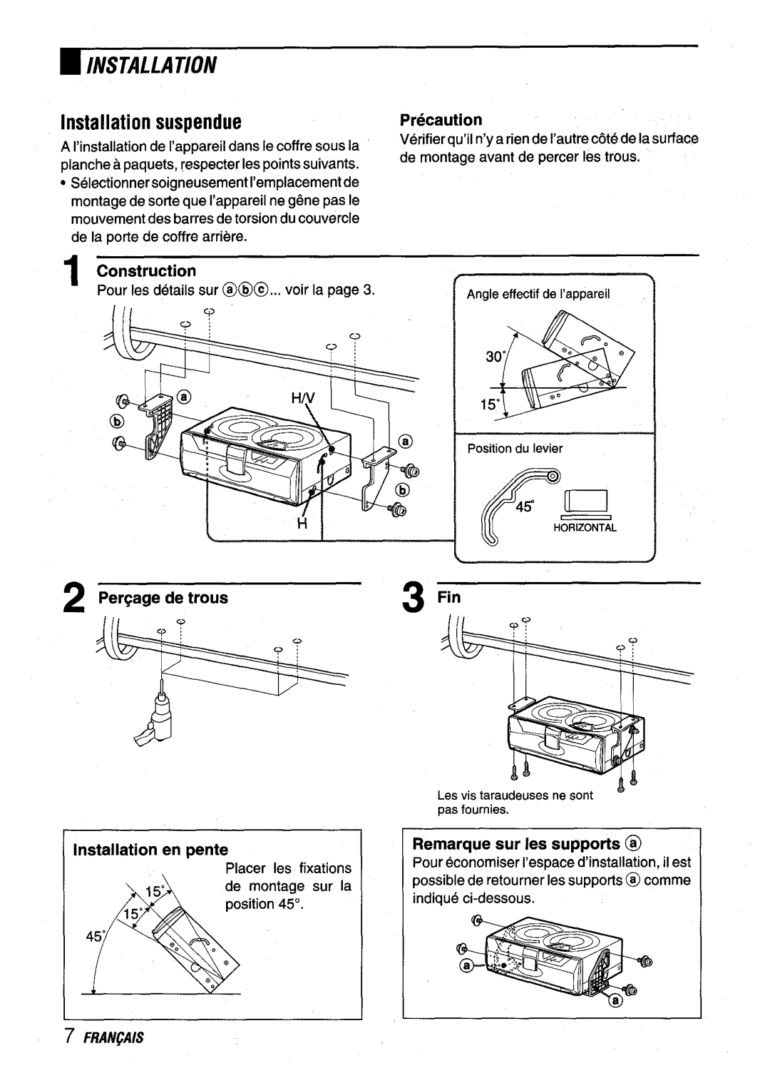 Aiwa ADC-EXI06 manual Installation suspendue, Perqage de trous Fin, Installation en pente Remarque sur Ies supports @ 