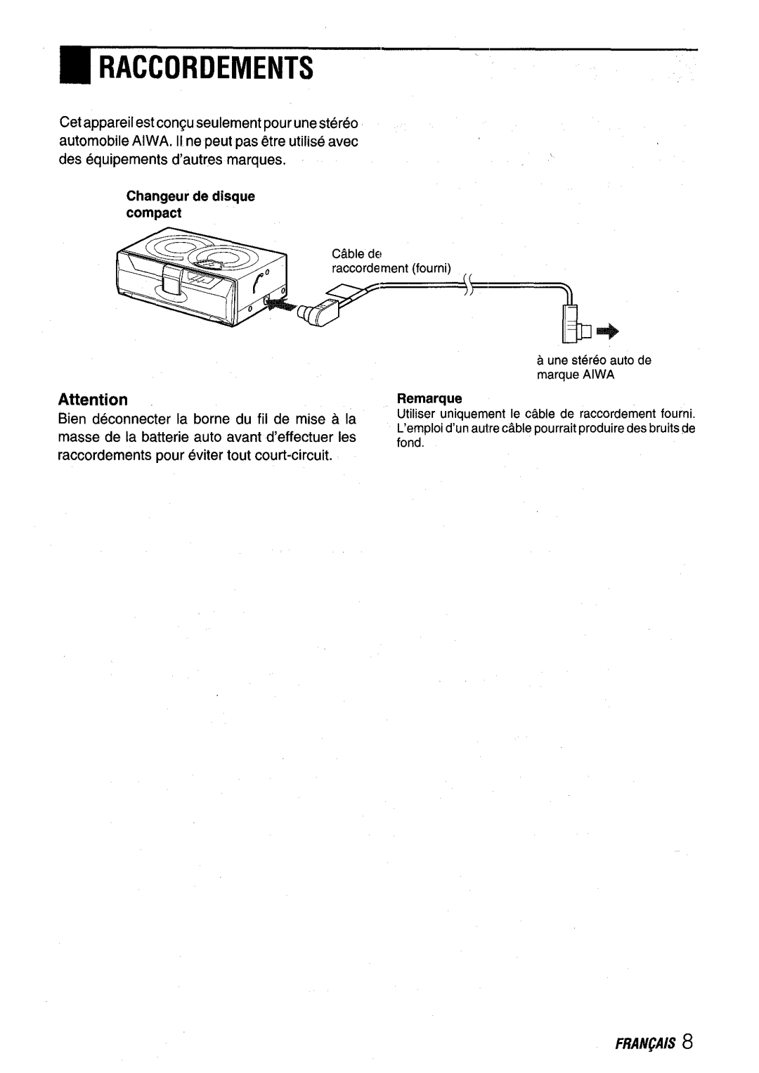 Aiwa ADC-EXI06 manual RAuORDEMENTs, Changeur de disque compact 