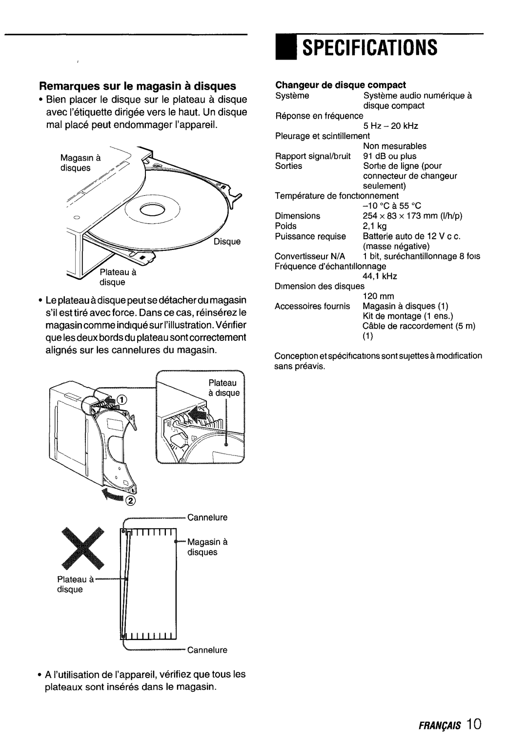 Aiwa ADC-EXI06 manual Remarques sur Ie magasin a disques, Changeur de diaque compact 