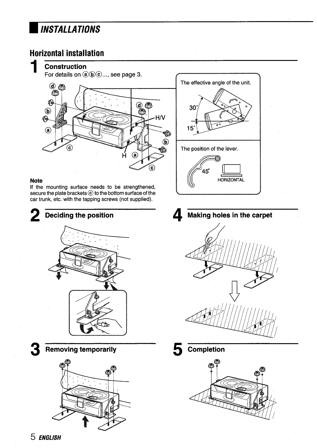 Aiwa ADC-EXI06 manual Horizontal installation, Construction, Deciding the position Removing temporarily 