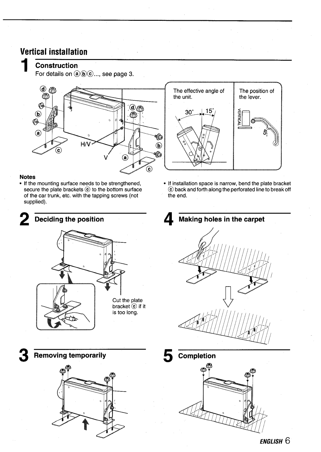 Aiwa ADC-EXI06 manual Vertical installation, Making holes in the carpet Completion 