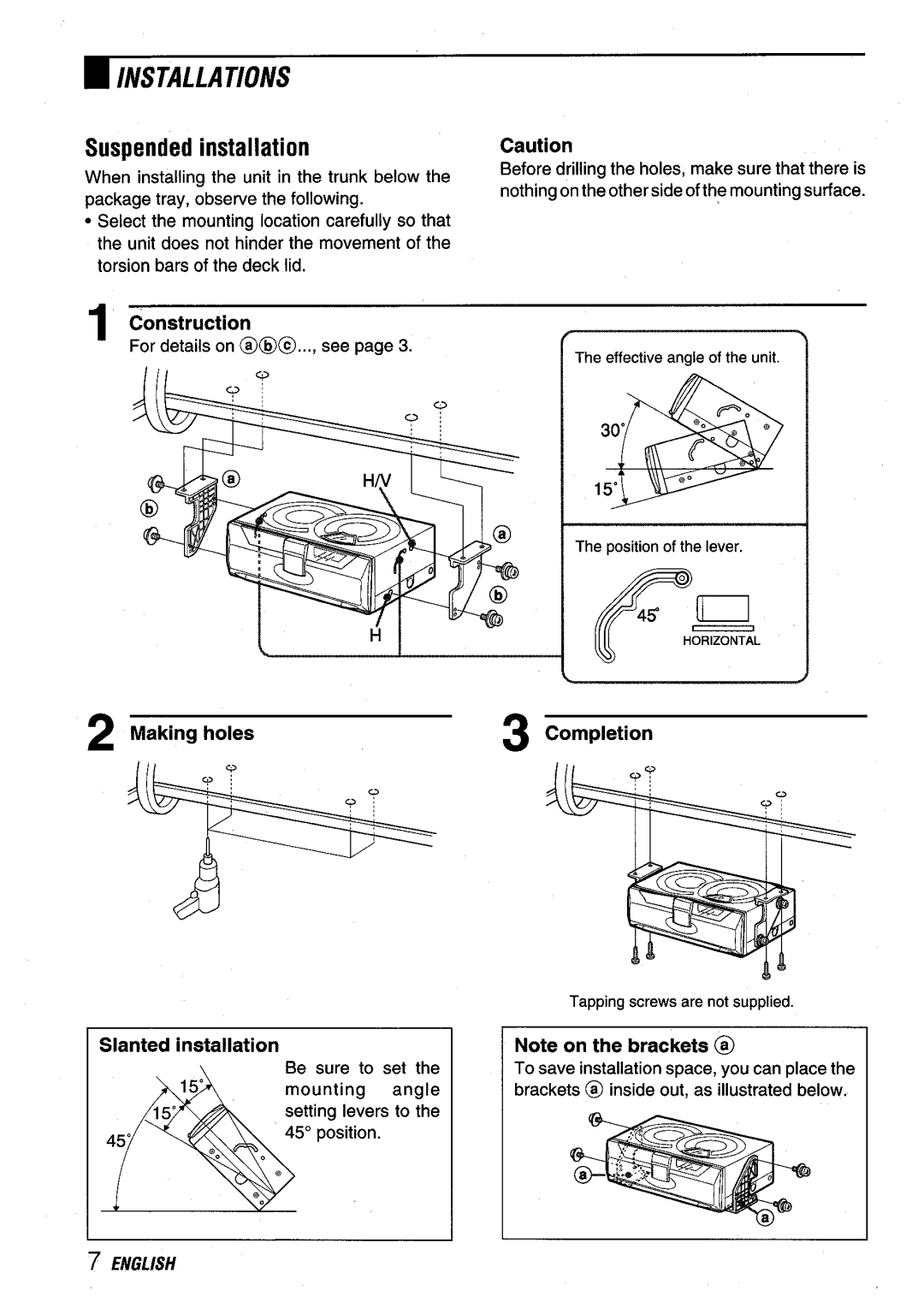 Aiwa ADC-EXI06 manual Suspended installation, Making holes, Slanted installation 