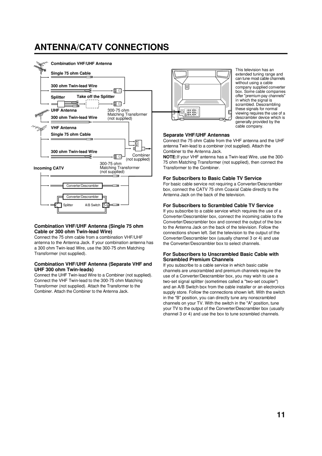 Aiwa AV-14F703 manual ANTENNA/CATV Connections, Separate VHF/UHF Antennas, For Subscribers to Basic Cable TV Service 