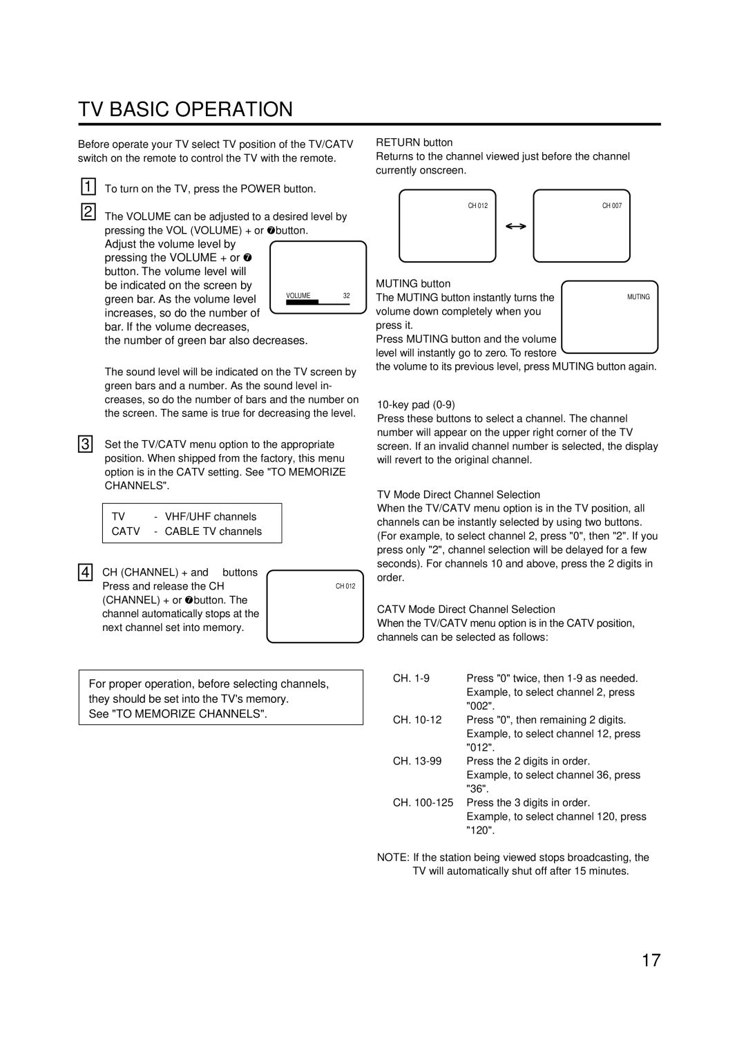 Aiwa AV-14F703 manual TV Basic Operation, Number of green bar also decreases, See to Memorize Channels 