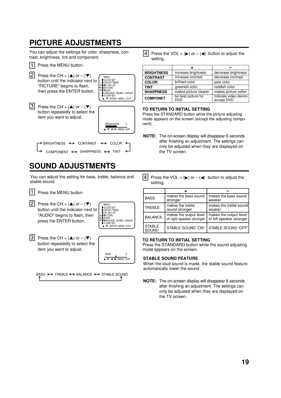 Aiwa AV-14F703 manual Picture Adjustments, Sound Adjustments, To Return to Initial Setting, Stable Sound Feature 