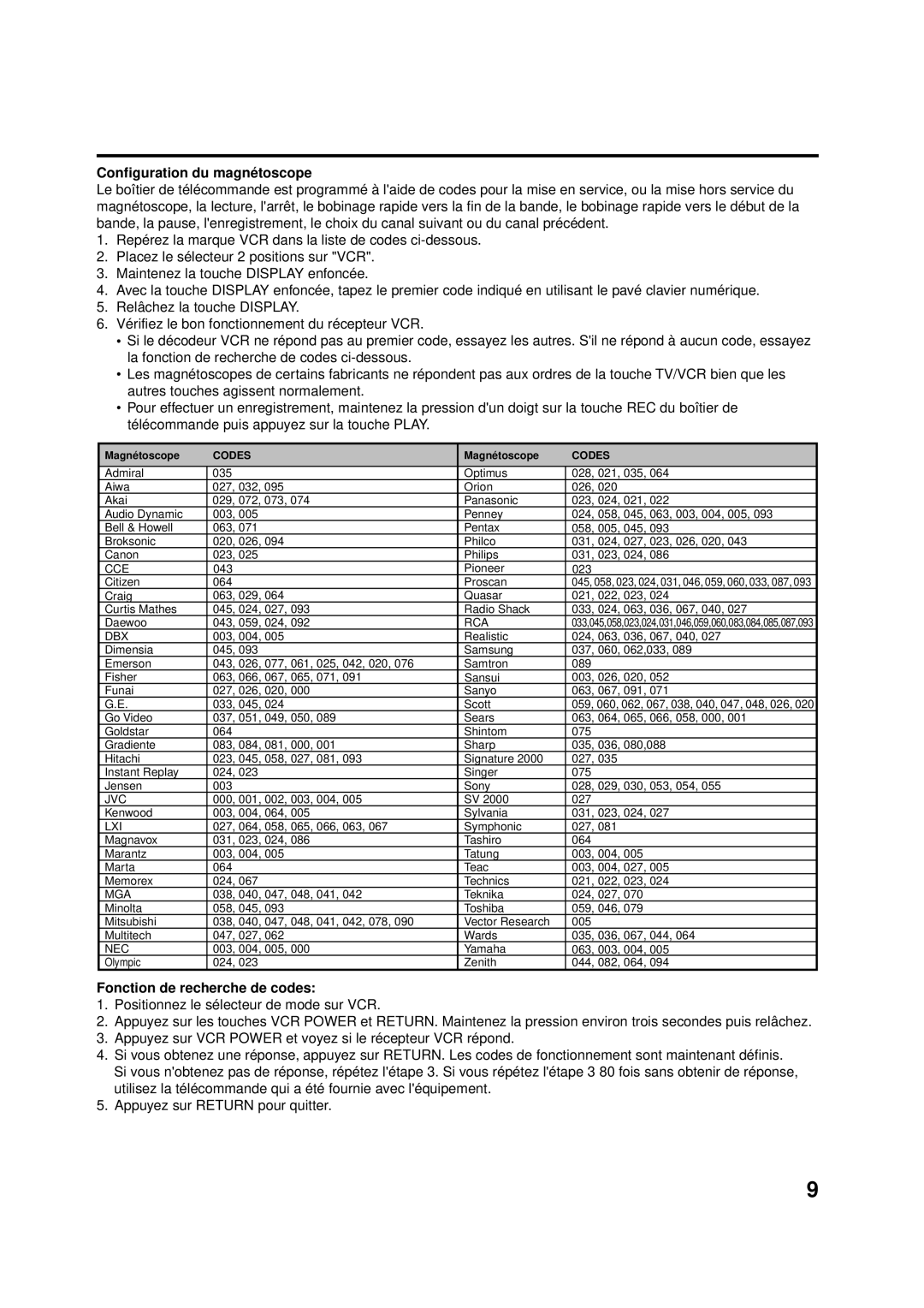 Aiwa AV-14F703 manual Configuration du magné toscope, Fonction de recherche de codes 