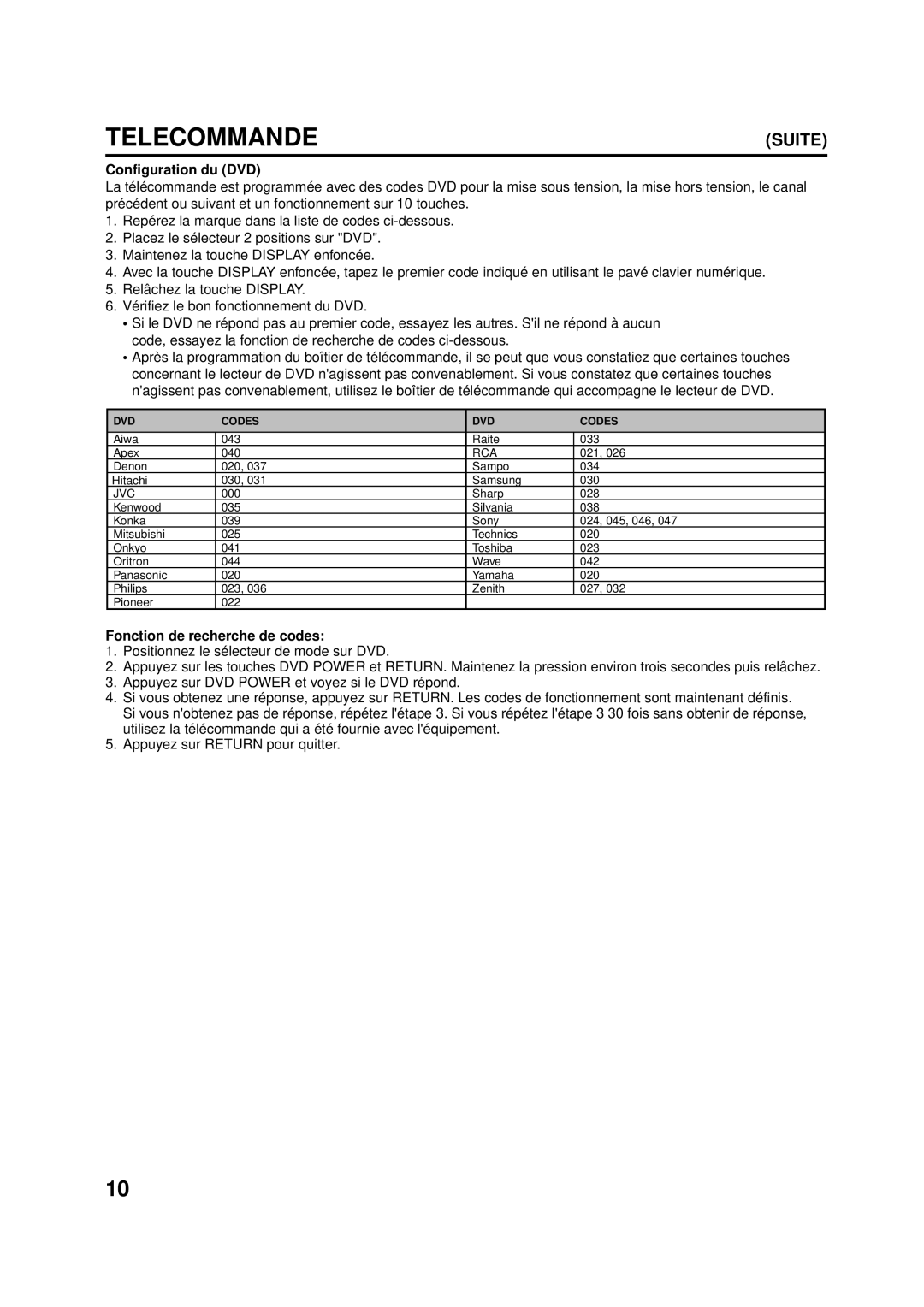 Aiwa AV-14F703 manual Telecommande, Configuration du DVD 