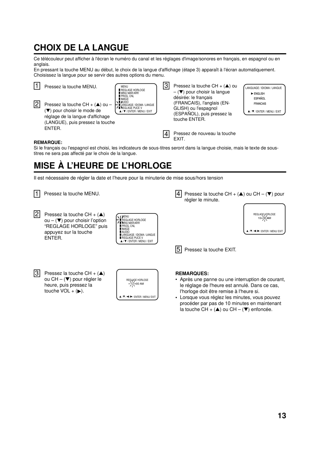 Aiwa AV-14F703 manual Choix DE LA Langue, Mise À L’HEURE DE L’HORLOGE, Pressez la touche CH + ou CH pour régler le minute 