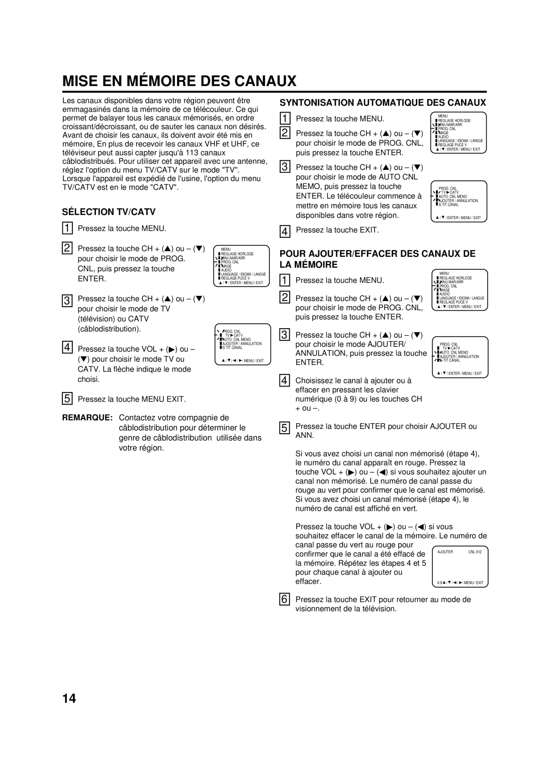 Aiwa AV-14F703 manual Mise EN MÉ Moire DES Canaux, Syntonisation Automatique DES Canaux, SÉ Lection TV/CATV 