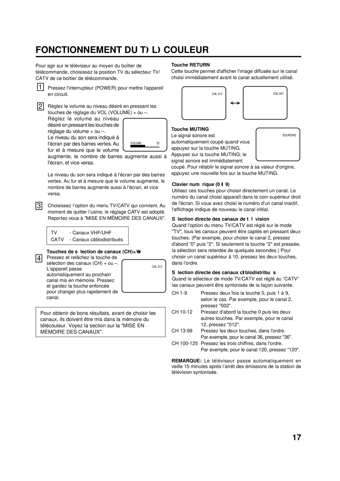 Aiwa AV-14F703 manual Fonctionnement DU TÉ LÉ Couleur 