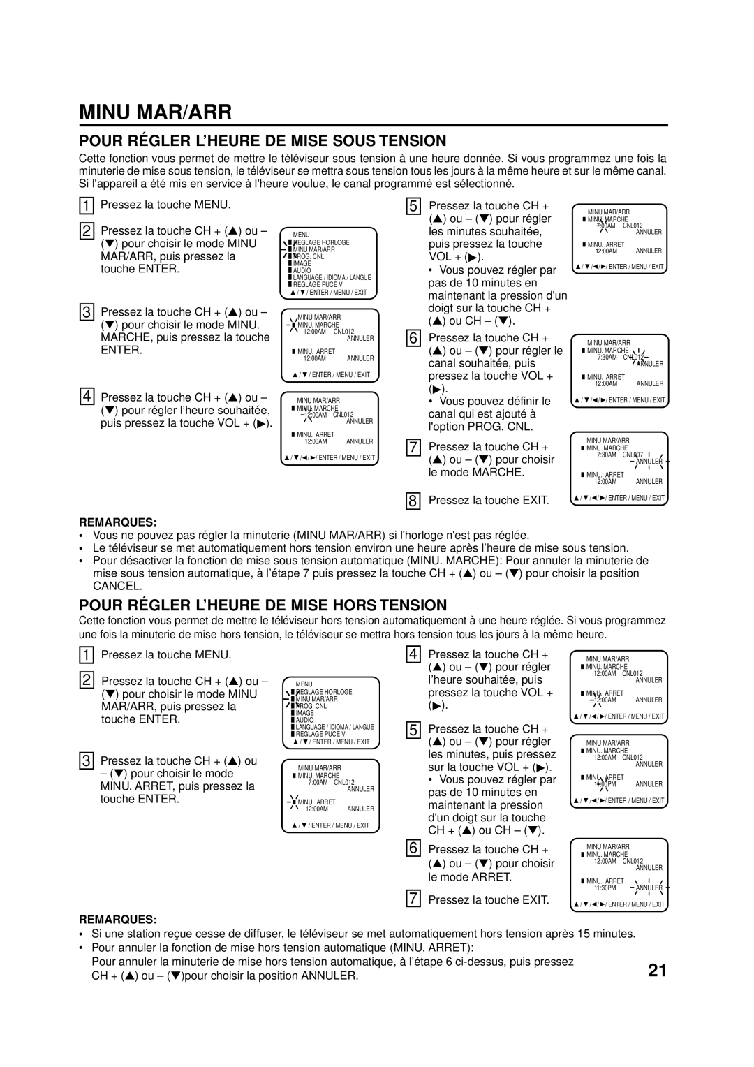 Aiwa AV-14F703 manual Minu MAR/ARR, Pour RÉ Gler L’HEURE DE Mise Sous Tension, Pour RÉ Gler L’HEURE DE Mise Hors Tension 