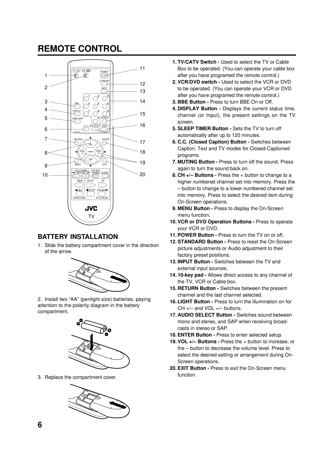 Aiwa AV-14F703 manual Remote Control, Battery Installation 