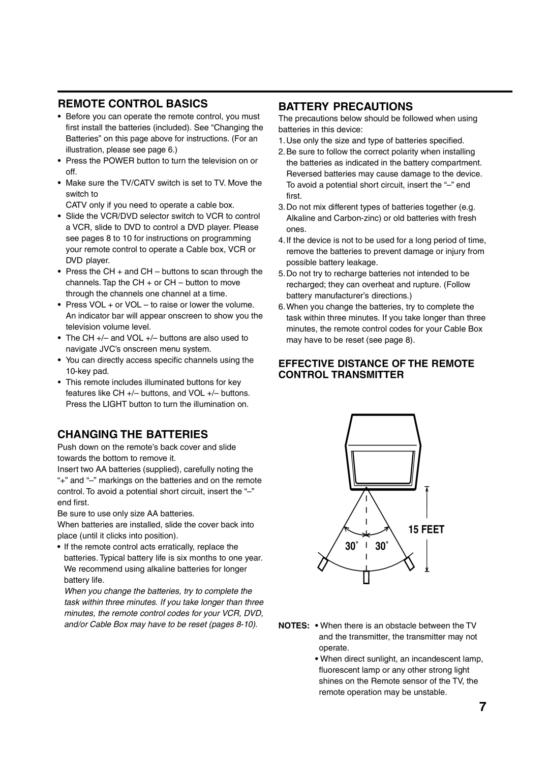 Aiwa AV-14F703 manual Remote Control Basics, Battery Precautions, Changing the Batteries, Feet 
