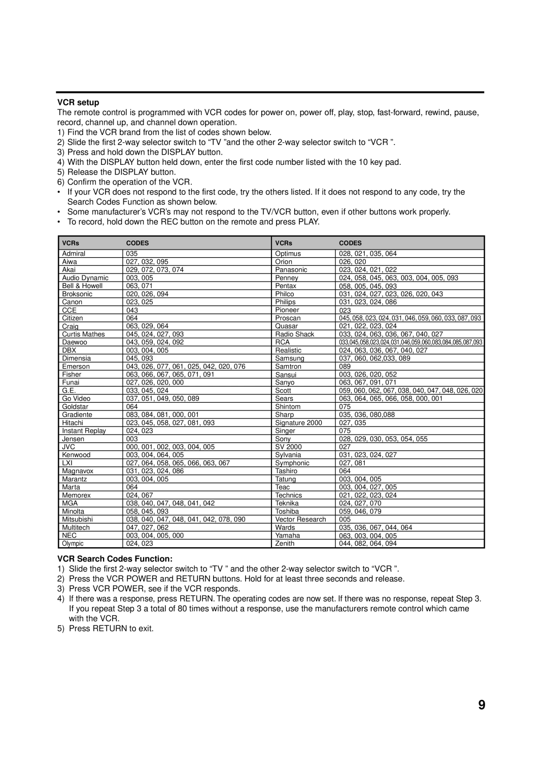 Aiwa AV-14F703 manual VCR setup, VCR Search Codes Function 