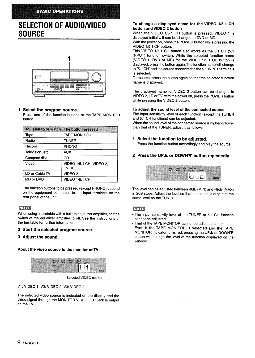 Aiwa AV-D25 Selection of AUDIO/VIDEO Source, Select the program source, Start the selected program source Adjust the sound 